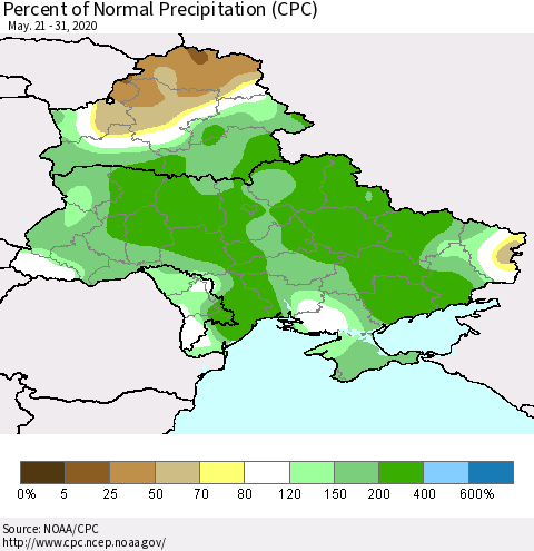 Ukraine, Moldova and Belarus Percent of Normal Precipitation (CPC) Thematic Map For 5/21/2020 - 5/31/2020