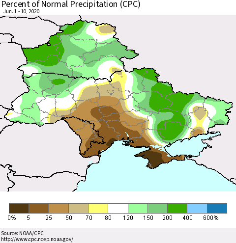 Ukraine, Moldova and Belarus Percent of Normal Precipitation (CPC) Thematic Map For 6/1/2020 - 6/10/2020