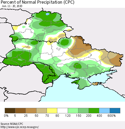 Ukraine, Moldova and Belarus Percent of Normal Precipitation (CPC) Thematic Map For 6/11/2020 - 6/20/2020
