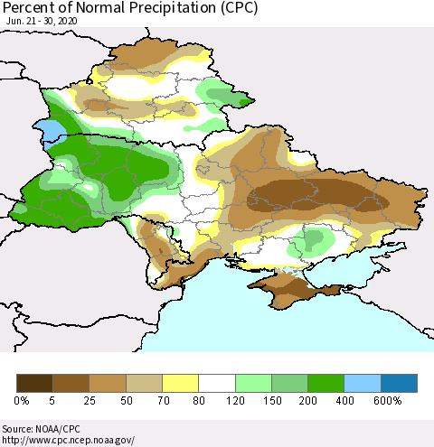 Ukraine, Moldova and Belarus Percent of Normal Precipitation (CPC) Thematic Map For 6/21/2020 - 6/30/2020