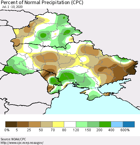 Ukraine, Moldova and Belarus Percent of Normal Precipitation (CPC) Thematic Map For 7/1/2020 - 7/10/2020