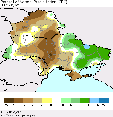 Ukraine, Moldova and Belarus Percent of Normal Precipitation (CPC) Thematic Map For 7/11/2020 - 7/20/2020