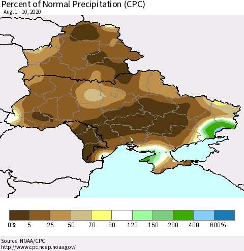 Ukraine, Moldova and Belarus Percent of Normal Precipitation (CPC) Thematic Map For 8/1/2020 - 8/10/2020