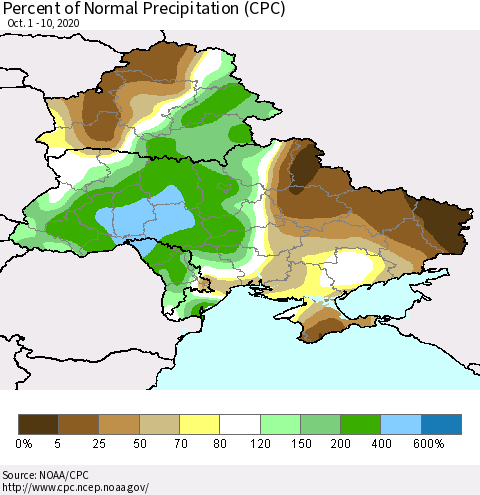 Ukraine, Moldova and Belarus Percent of Normal Precipitation (CPC) Thematic Map For 10/1/2020 - 10/10/2020
