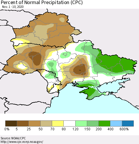 Ukraine, Moldova and Belarus Percent of Normal Precipitation (CPC) Thematic Map For 11/1/2020 - 11/10/2020