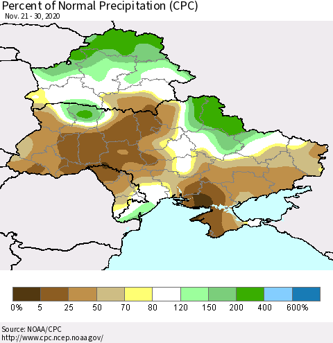Ukraine, Moldova and Belarus Percent of Normal Precipitation (CPC) Thematic Map For 11/21/2020 - 11/30/2020