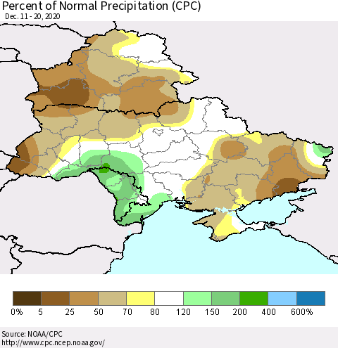 Ukraine, Moldova and Belarus Percent of Normal Precipitation (CPC) Thematic Map For 12/11/2020 - 12/20/2020