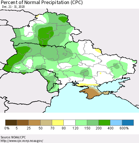 Ukraine, Moldova and Belarus Percent of Normal Precipitation (CPC) Thematic Map For 12/21/2020 - 12/31/2020