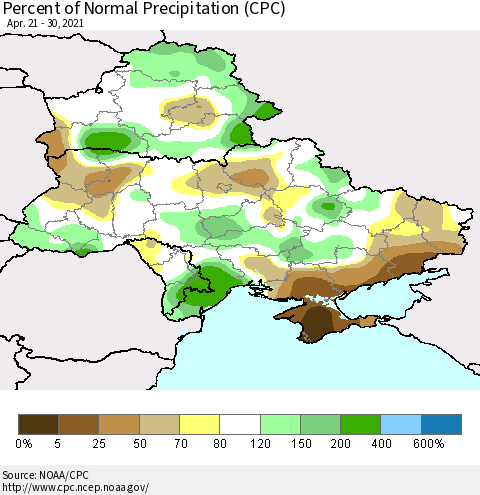 Ukraine, Moldova and Belarus Percent of Normal Precipitation (CPC) Thematic Map For 4/21/2021 - 4/30/2021