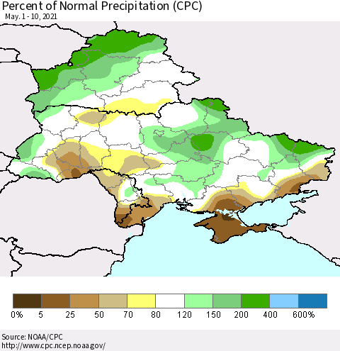 Ukraine, Moldova and Belarus Percent of Normal Precipitation (CPC) Thematic Map For 5/1/2021 - 5/10/2021