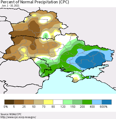 Ukraine, Moldova and Belarus Percent of Normal Precipitation (CPC) Thematic Map For 6/1/2021 - 6/10/2021