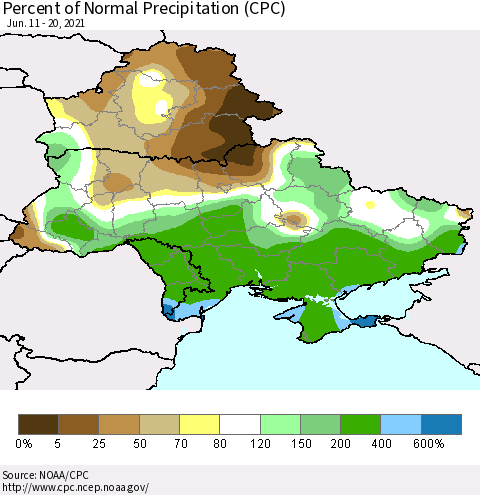 Ukraine, Moldova and Belarus Percent of Normal Precipitation (CPC) Thematic Map For 6/11/2021 - 6/20/2021
