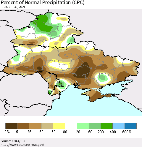 Ukraine, Moldova and Belarus Percent of Normal Precipitation (CPC) Thematic Map For 6/21/2021 - 6/30/2021