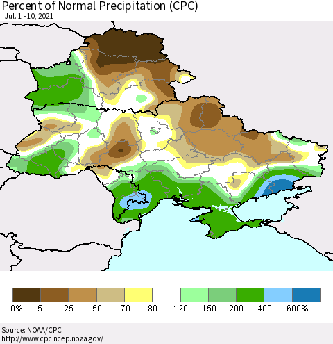 Ukraine, Moldova and Belarus Percent of Normal Precipitation (CPC) Thematic Map For 7/1/2021 - 7/10/2021