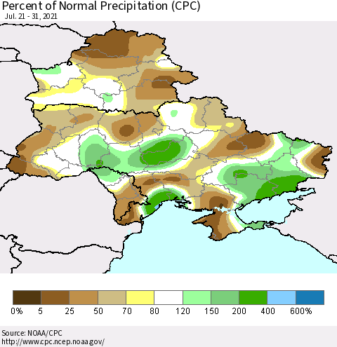 Ukraine, Moldova and Belarus Percent of Normal Precipitation (CPC) Thematic Map For 7/21/2021 - 7/31/2021