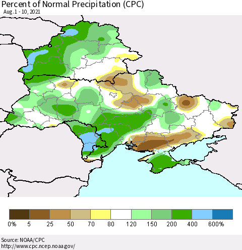 Ukraine, Moldova and Belarus Percent of Normal Precipitation (CPC) Thematic Map For 8/1/2021 - 8/10/2021
