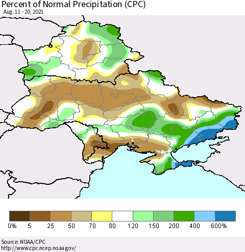 Ukraine, Moldova and Belarus Percent of Normal Precipitation (CPC) Thematic Map For 8/11/2021 - 8/20/2021