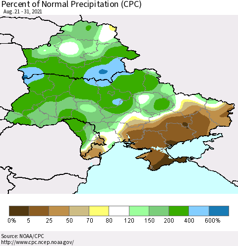 Ukraine, Moldova and Belarus Percent of Normal Precipitation (CPC) Thematic Map For 8/21/2021 - 8/31/2021