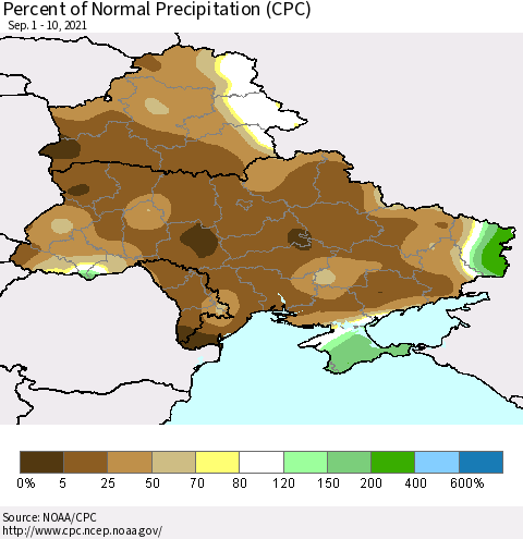 Ukraine, Moldova and Belarus Percent of Normal Precipitation (CPC) Thematic Map For 9/1/2021 - 9/10/2021