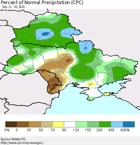 Ukraine, Moldova and Belarus Percent of Normal Precipitation (CPC) Thematic Map For 9/11/2021 - 9/20/2021