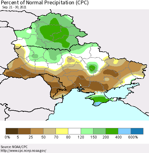 Ukraine, Moldova and Belarus Percent of Normal Precipitation (CPC) Thematic Map For 9/21/2021 - 9/30/2021