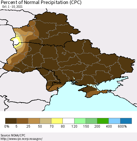 Ukraine, Moldova and Belarus Percent of Normal Precipitation (CPC) Thematic Map For 10/1/2021 - 10/10/2021