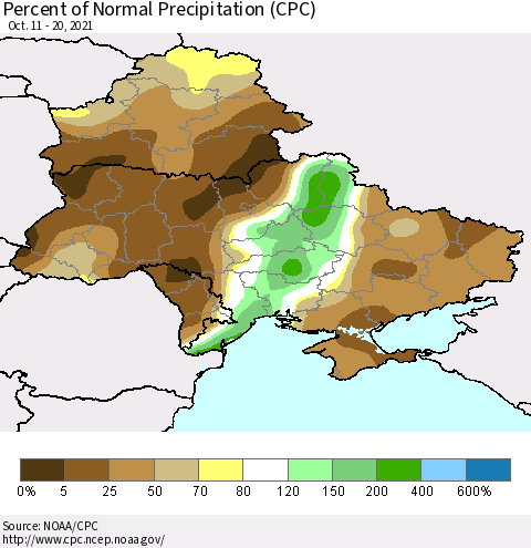 Ukraine, Moldova and Belarus Percent of Normal Precipitation (CPC) Thematic Map For 10/11/2021 - 10/20/2021