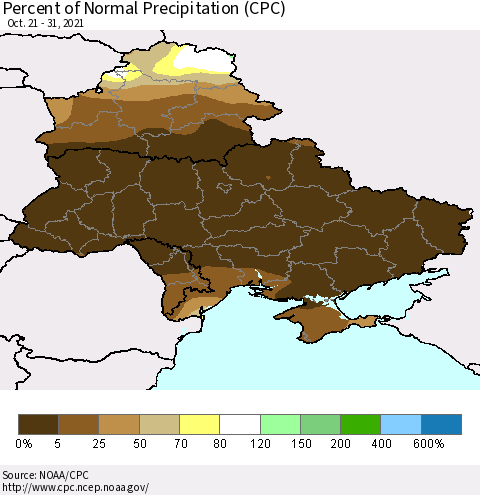 Ukraine, Moldova and Belarus Percent of Normal Precipitation (CPC) Thematic Map For 10/21/2021 - 10/31/2021