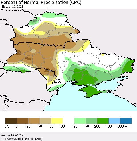 Ukraine, Moldova and Belarus Percent of Normal Precipitation (CPC) Thematic Map For 11/1/2021 - 11/10/2021