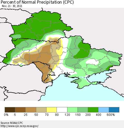 Ukraine, Moldova and Belarus Percent of Normal Precipitation (CPC) Thematic Map For 11/21/2021 - 11/30/2021