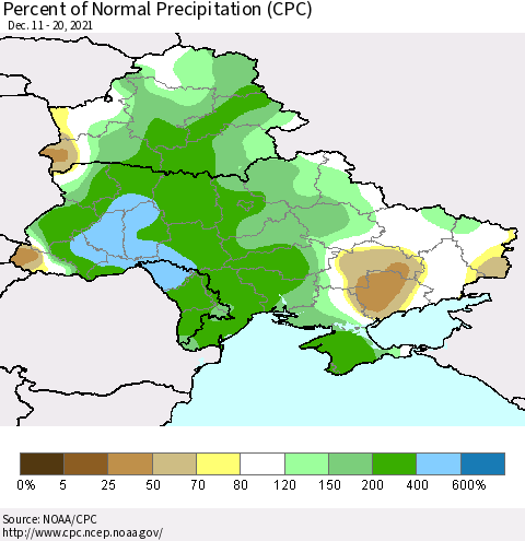 Ukraine, Moldova and Belarus Percent of Normal Precipitation (CPC) Thematic Map For 12/11/2021 - 12/20/2021
