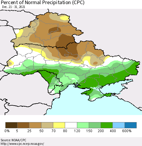 Ukraine, Moldova and Belarus Percent of Normal Precipitation (CPC) Thematic Map For 12/21/2021 - 12/31/2021