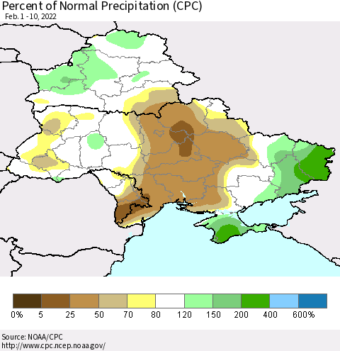 Ukraine, Moldova and Belarus Percent of Normal Precipitation (CPC) Thematic Map For 2/1/2022 - 2/10/2022