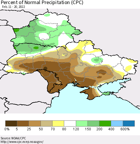 Ukraine, Moldova and Belarus Percent of Normal Precipitation (CPC) Thematic Map For 2/11/2022 - 2/20/2022