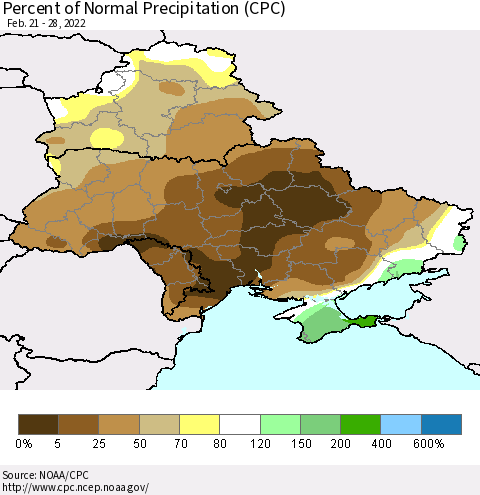 Ukraine, Moldova and Belarus Percent of Normal Precipitation (CPC) Thematic Map For 2/21/2022 - 2/28/2022