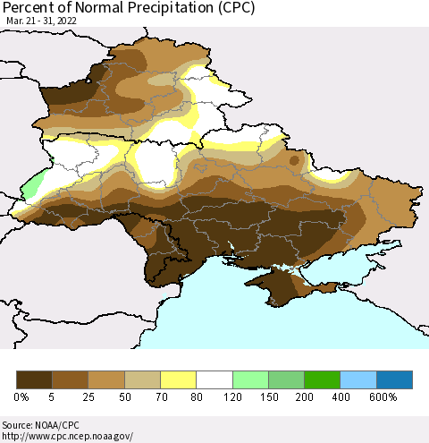 Ukraine, Moldova and Belarus Percent of Normal Precipitation (CPC) Thematic Map For 3/21/2022 - 3/31/2022