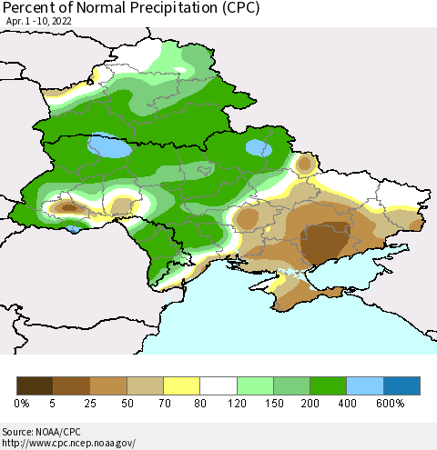 Ukraine, Moldova and Belarus Percent of Normal Precipitation (CPC) Thematic Map For 4/1/2022 - 4/10/2022