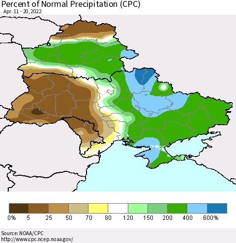Ukraine, Moldova and Belarus Percent of Normal Precipitation (CPC) Thematic Map For 4/11/2022 - 4/20/2022