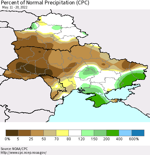 Ukraine, Moldova and Belarus Percent of Normal Precipitation (CPC) Thematic Map For 5/11/2022 - 5/20/2022