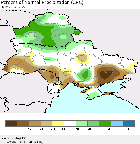 Ukraine, Moldova and Belarus Percent of Normal Precipitation (CPC) Thematic Map For 5/21/2022 - 5/31/2022