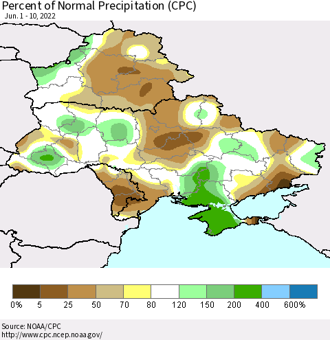 Ukraine, Moldova and Belarus Percent of Normal Precipitation (CPC) Thematic Map For 6/1/2022 - 6/10/2022