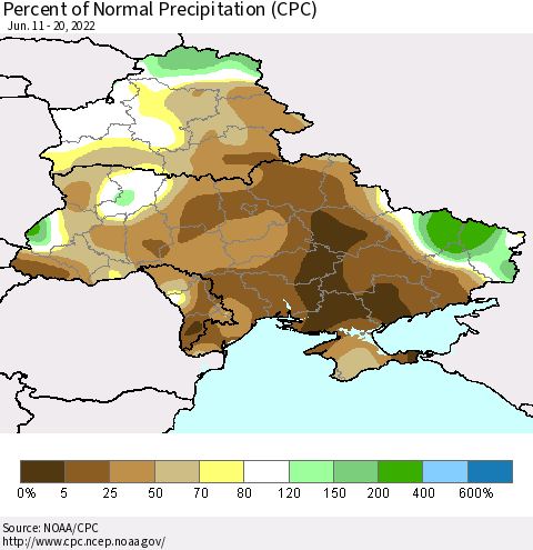 Ukraine, Moldova and Belarus Percent of Normal Precipitation (CPC) Thematic Map For 6/11/2022 - 6/20/2022