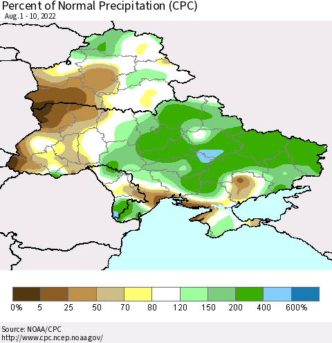 Ukraine, Moldova and Belarus Percent of Normal Precipitation (CPC) Thematic Map For 8/1/2022 - 8/10/2022