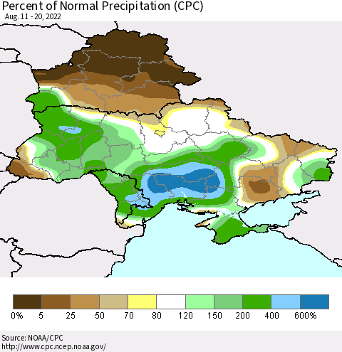 Ukraine, Moldova and Belarus Percent of Normal Precipitation (CPC) Thematic Map For 8/11/2022 - 8/20/2022