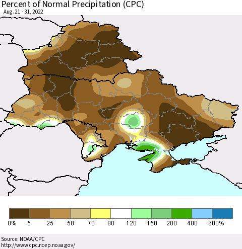 Ukraine, Moldova and Belarus Percent of Normal Precipitation (CPC) Thematic Map For 8/21/2022 - 8/31/2022