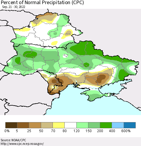 Ukraine, Moldova and Belarus Percent of Normal Precipitation (CPC) Thematic Map For 9/21/2022 - 9/30/2022