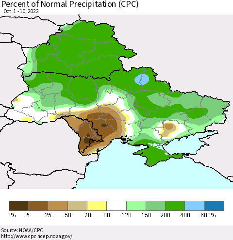 Ukraine, Moldova and Belarus Percent of Normal Precipitation (CPC) Thematic Map For 10/1/2022 - 10/10/2022