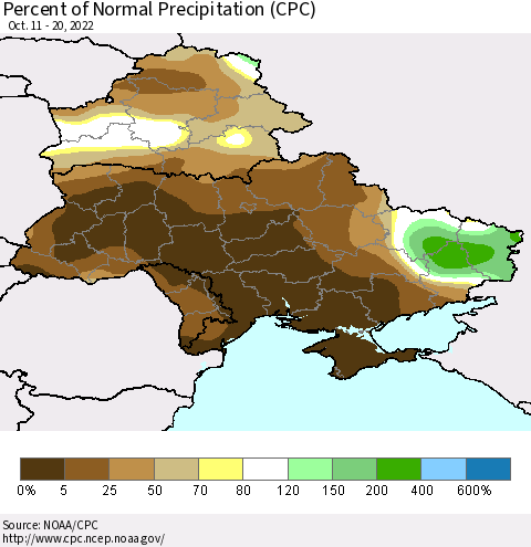 Ukraine, Moldova and Belarus Percent of Normal Precipitation (CPC) Thematic Map For 10/11/2022 - 10/20/2022