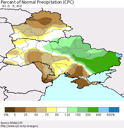 Ukraine, Moldova and Belarus Percent of Normal Precipitation (CPC) Thematic Map For 10/21/2022 - 10/31/2022