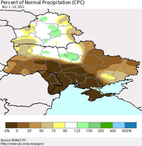 Ukraine, Moldova and Belarus Percent of Normal Precipitation (CPC) Thematic Map For 11/1/2022 - 11/10/2022